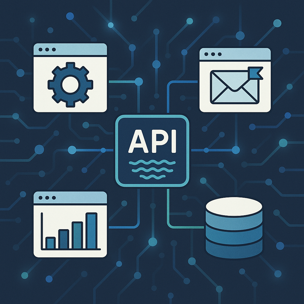 Interconnected software applications exchanging data through APIs