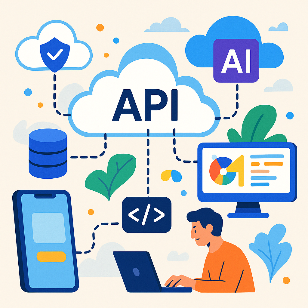 Illustration showing modern SaaS applications connected through APIs with AI, cloud computing, and automation.