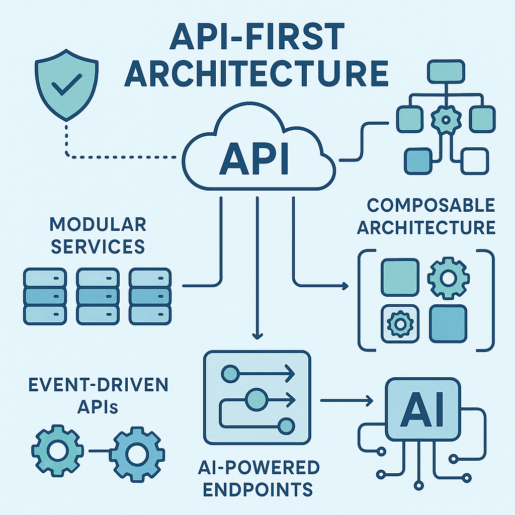 Diagram illustrating API-first architecture with modular services and AI-powered endpoints.