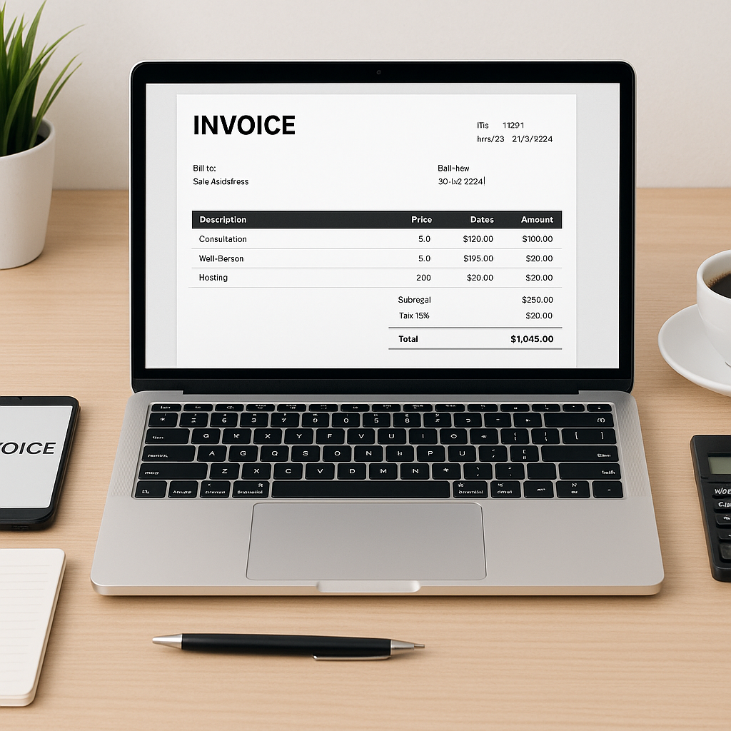 Laptop with invoicing software on a desk with business tools.