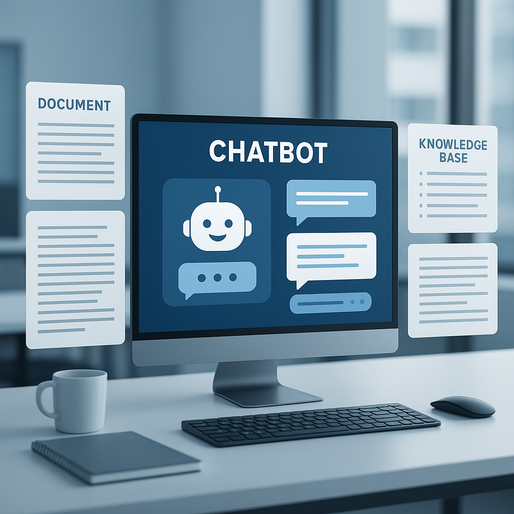 Chatbot interface reading documents in a modern office setting.