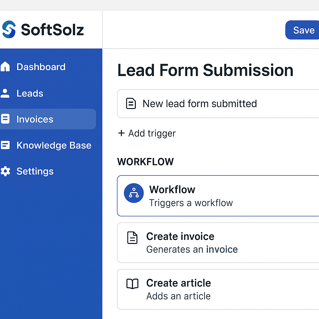 SoftSolz platform showing lead form submission and workflow integration.