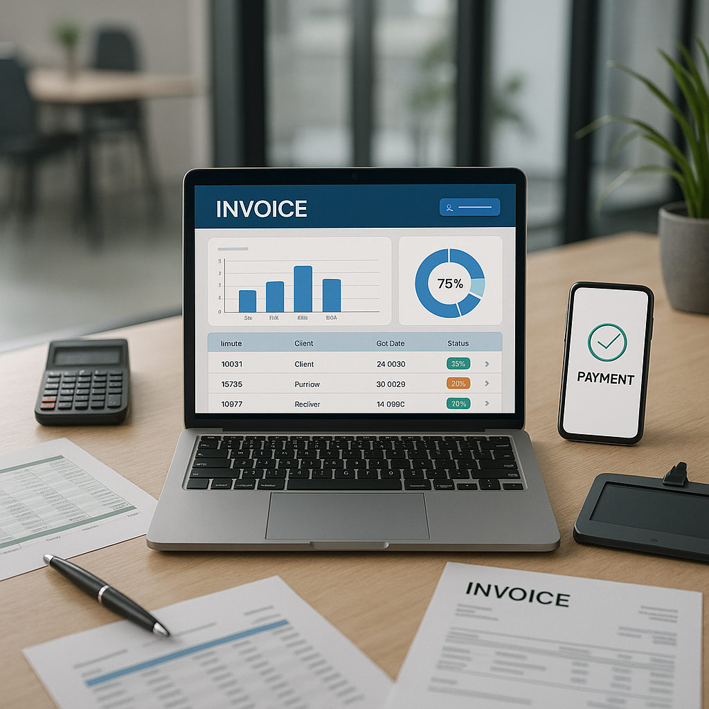 Workspace with invoicing dashboard and business tools.