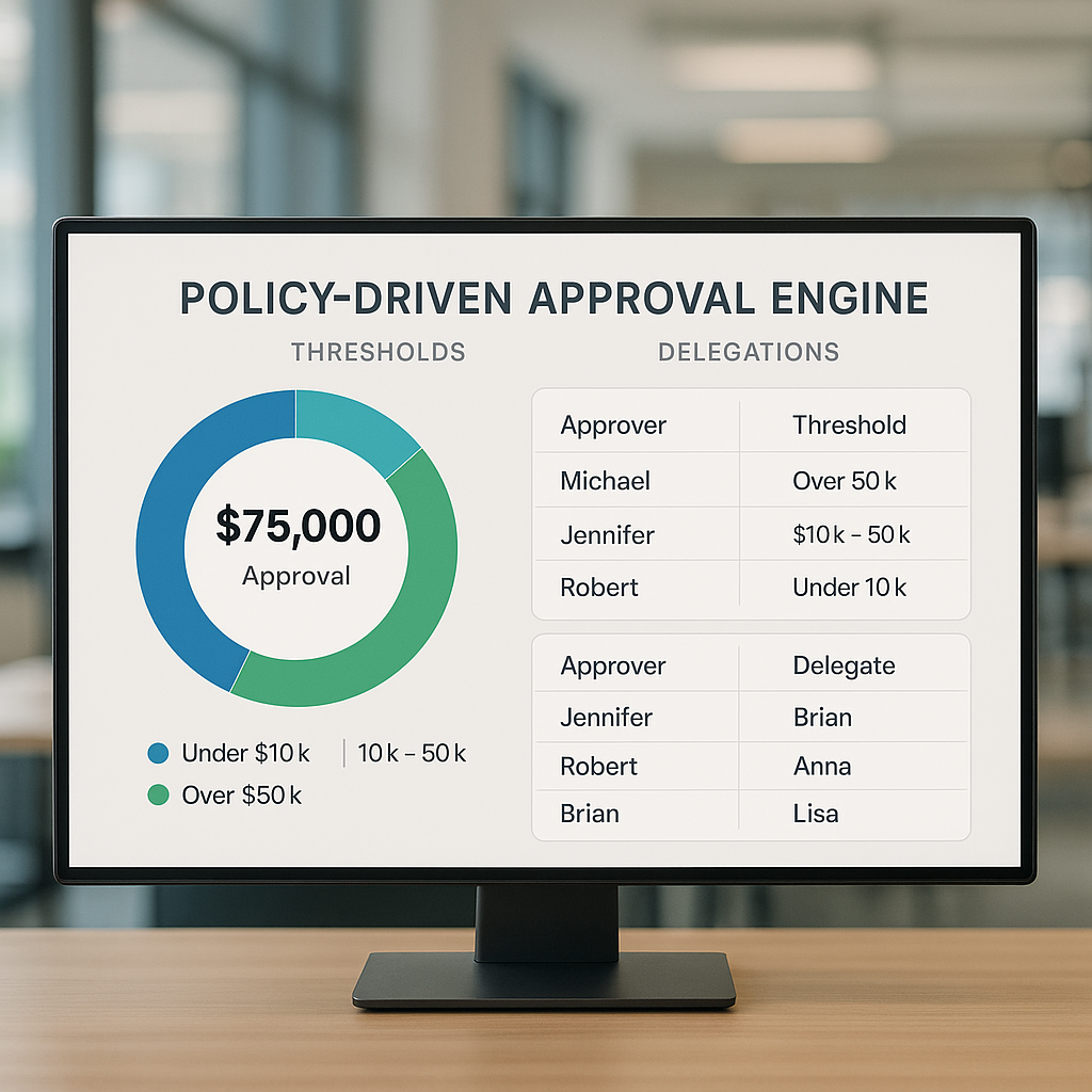 Digital dashboard with policy-driven approval engine.