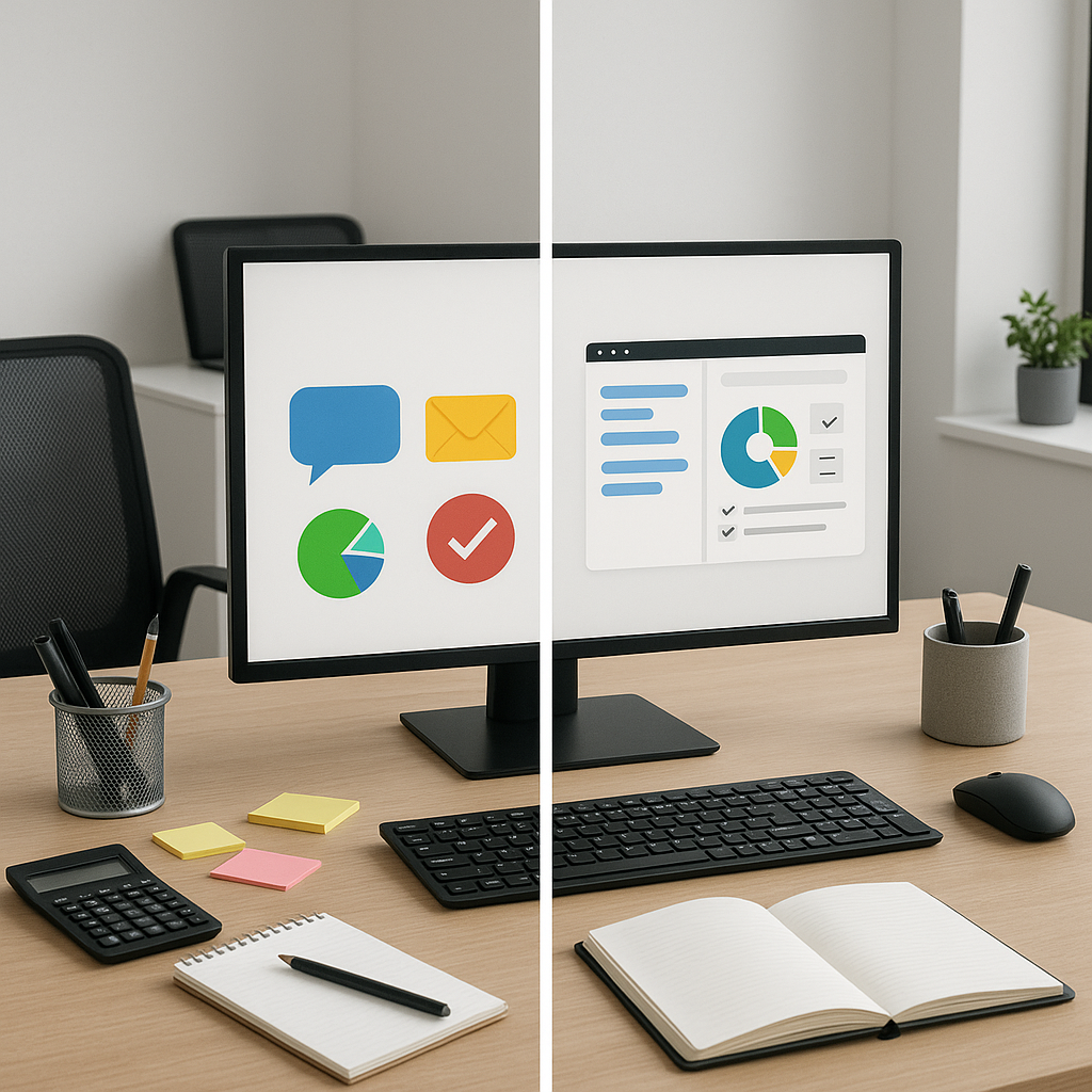 Comparison of fragmented and streamlined workspaces with tools.