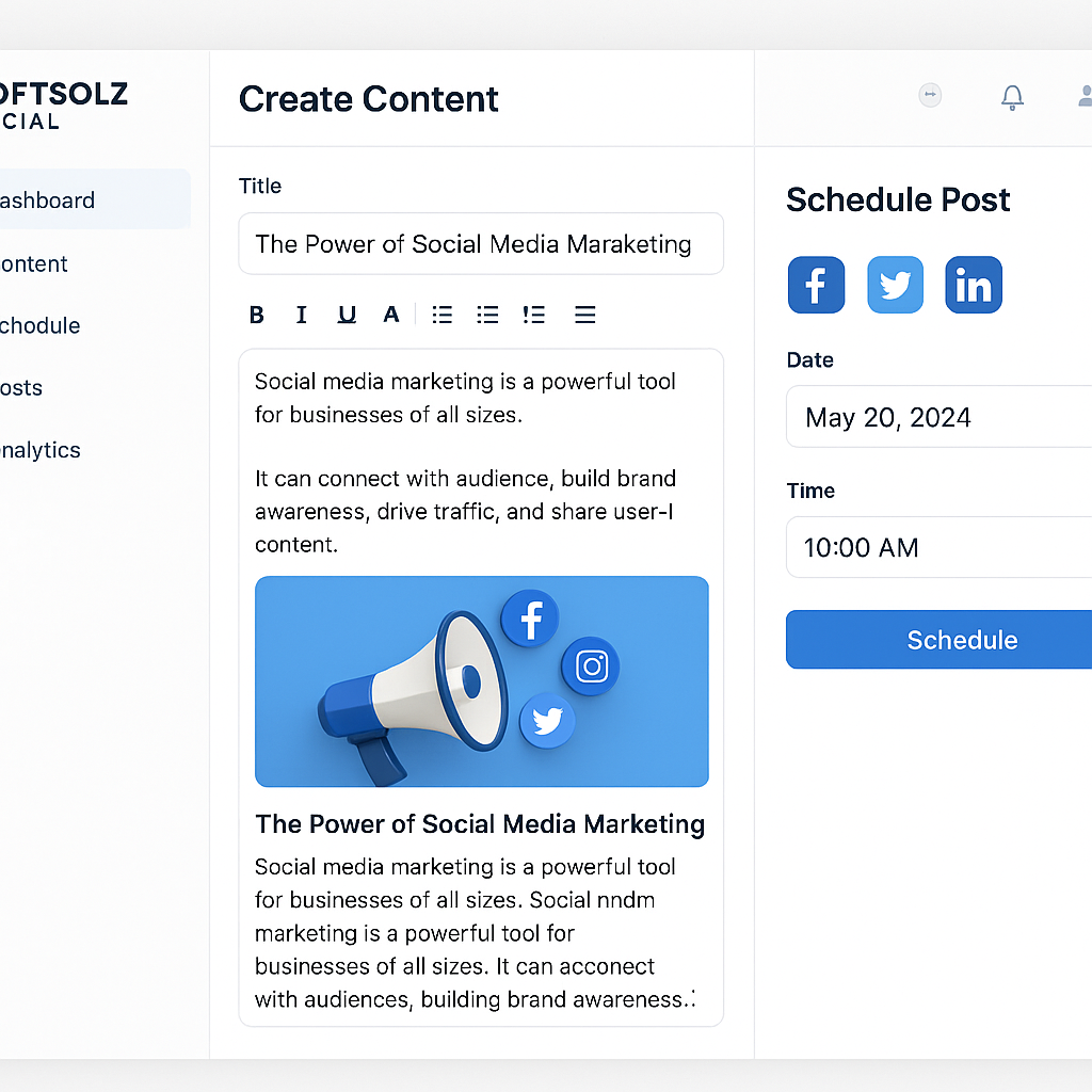 SoftSolz Social interface with content creation and scheduling.