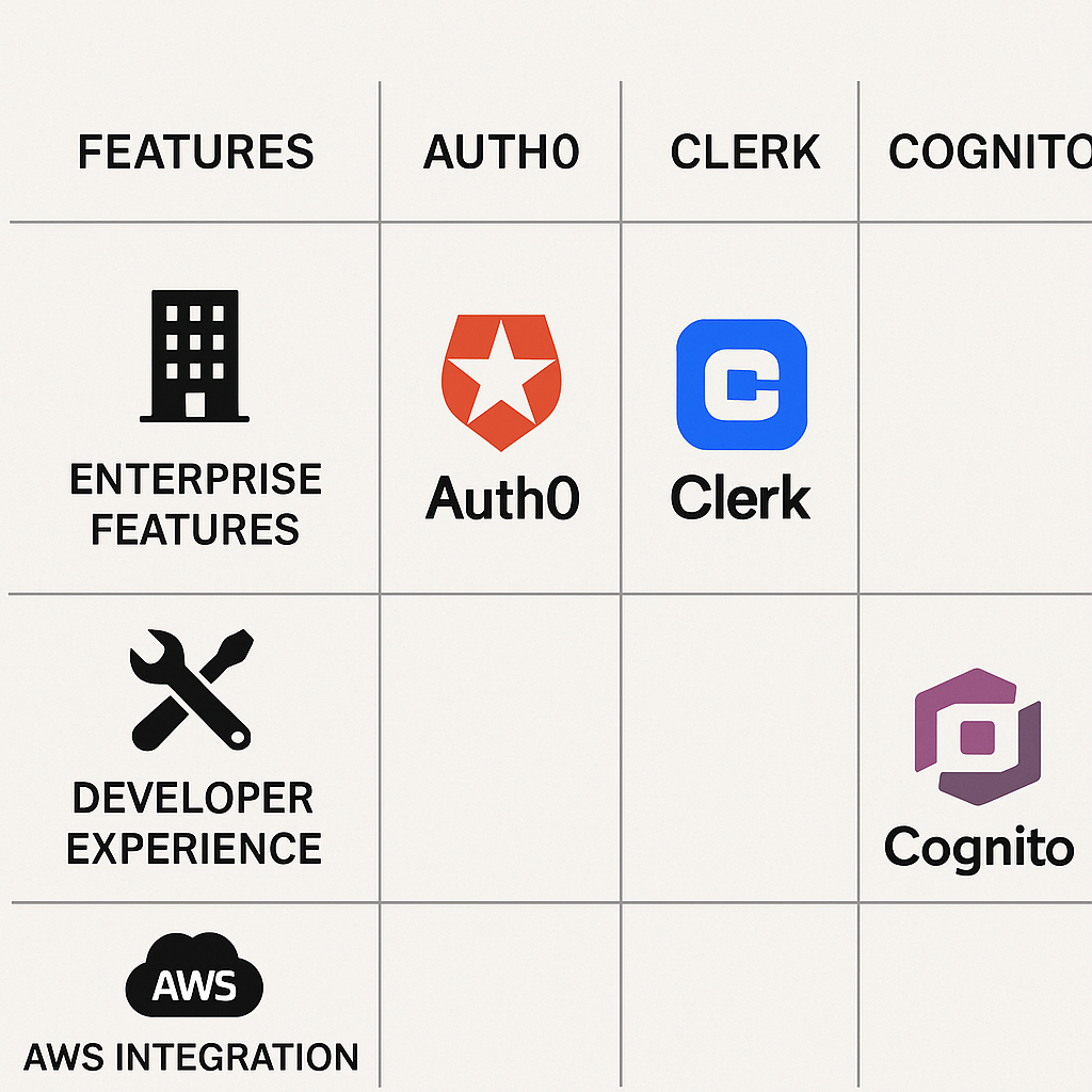 Comparison of Auth0, Clerk, and Cognito features.