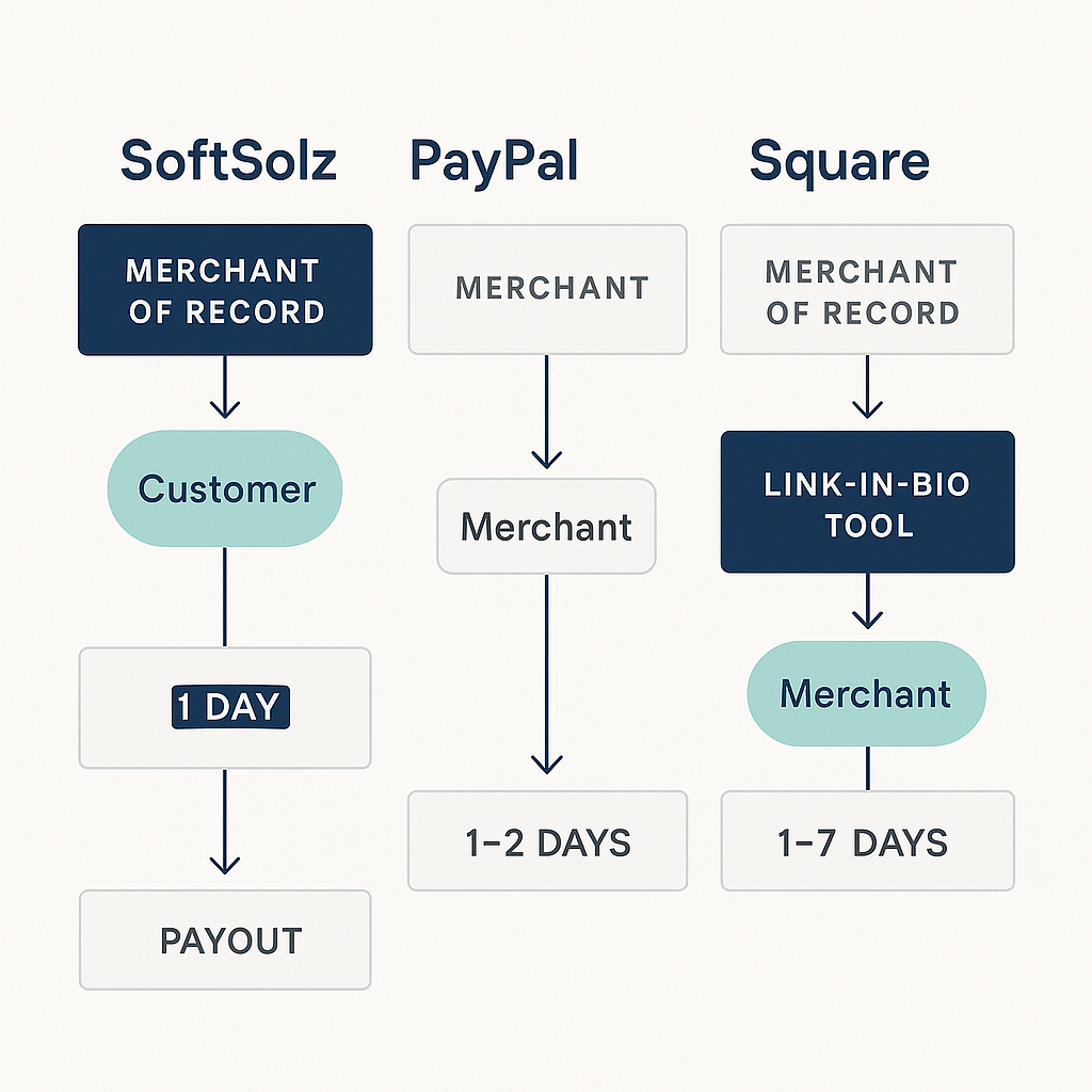 Diagram comparing payment flows and merchant of record status for SoftSolz, PayPal, Square, and link-in-bio tools.