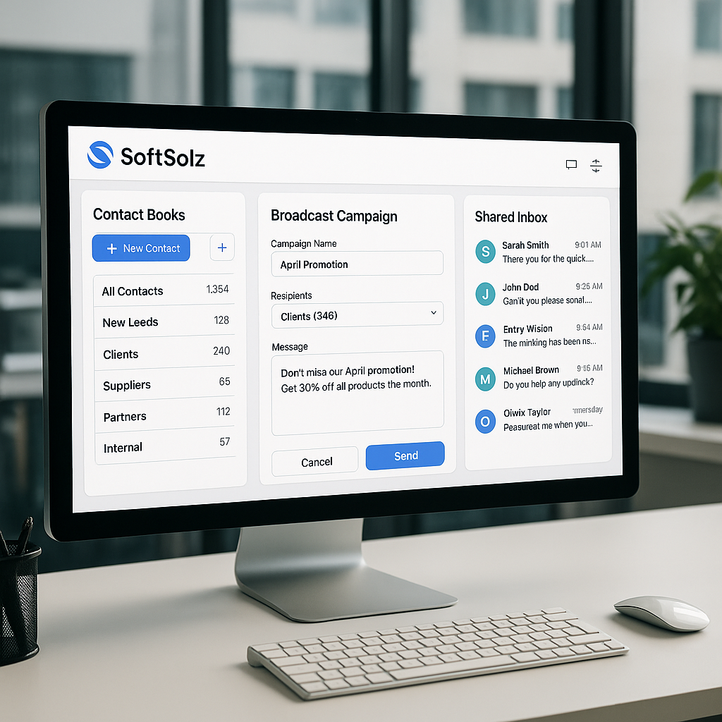 SoftSolz interface showing contact books and campaign setup.