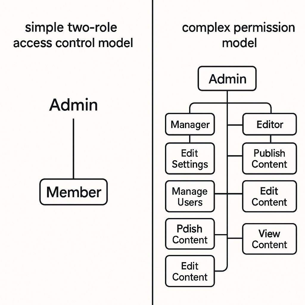 Comparison of simple and complex access control models with roles and permissions.