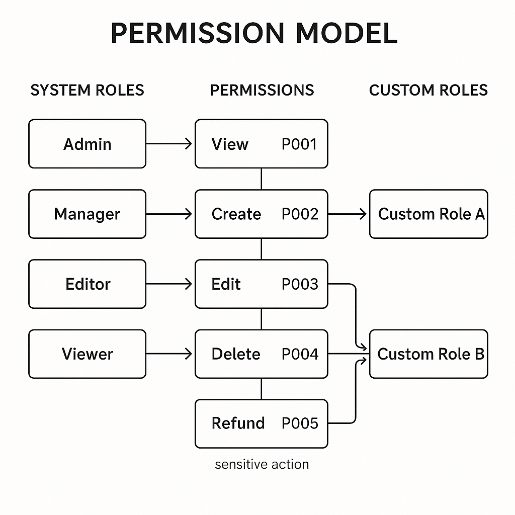 Diagram of a comprehensive permission model with roles and permissions.
