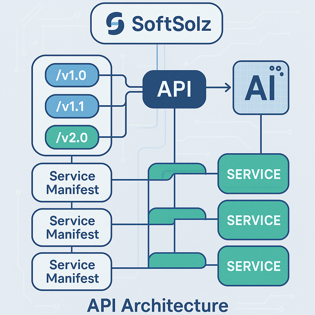 Diagram of SoftSolz's API architecture with versioned paths and AI integration.