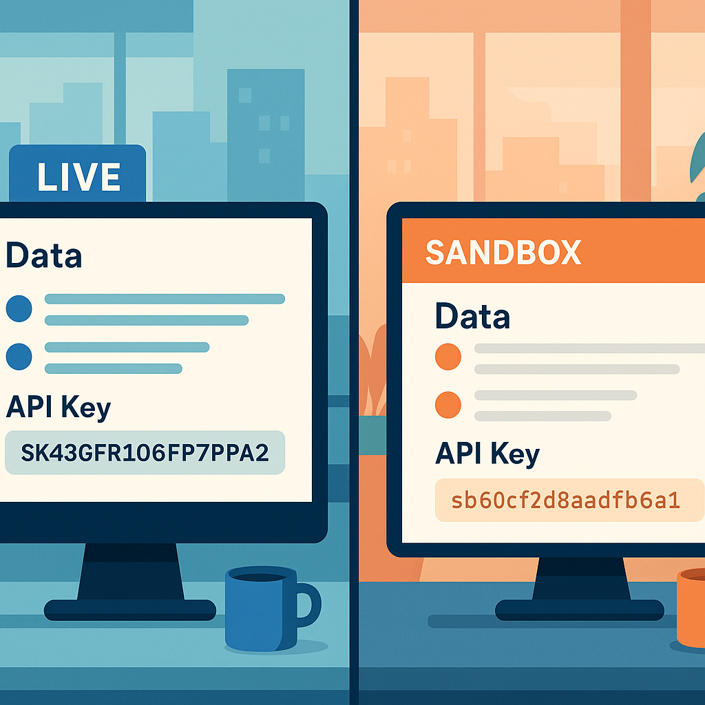 Live workspace and sandbox environment split-screen showing distinct data and API keys.