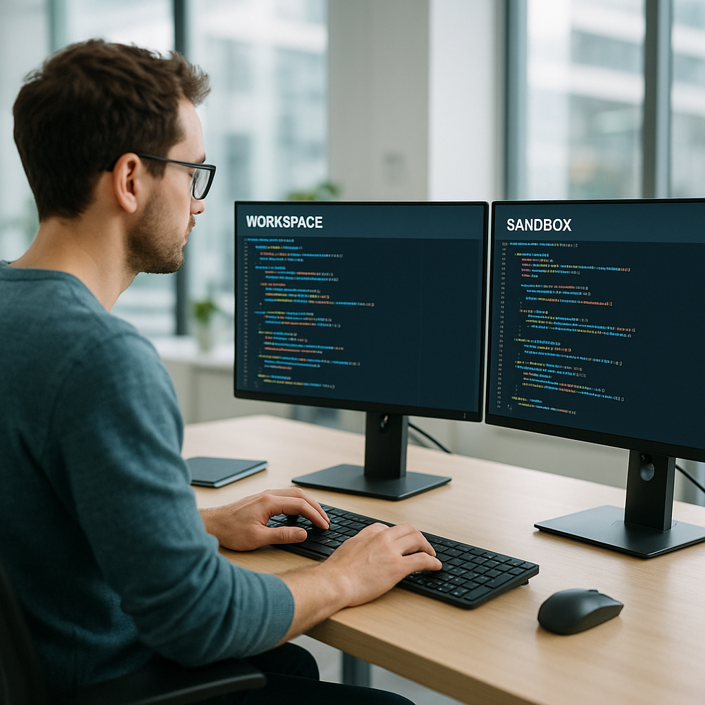Developer working with live workspace and sandbox environment on dual screens.