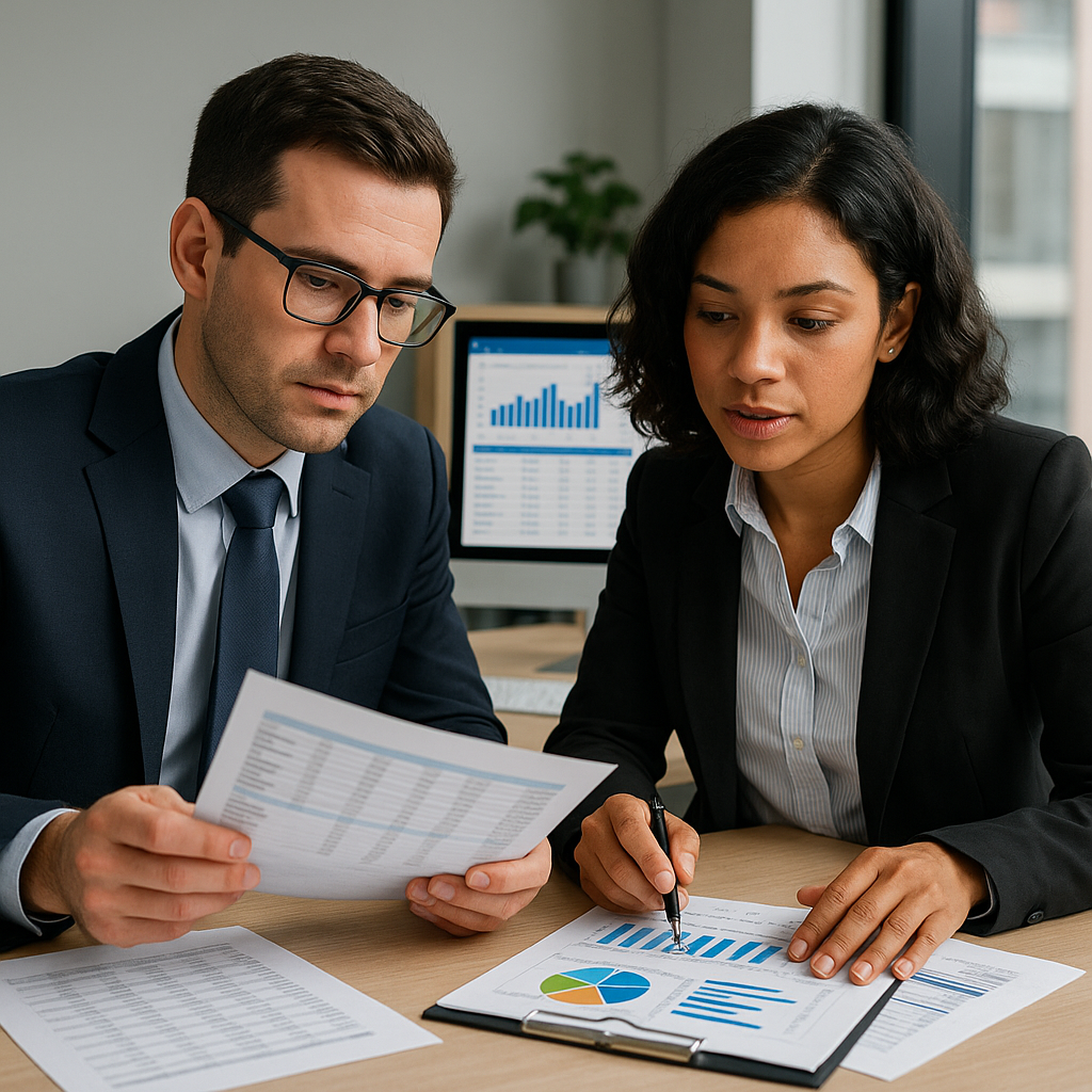 Two business professionals reviewing financial documents with financial software in the background.