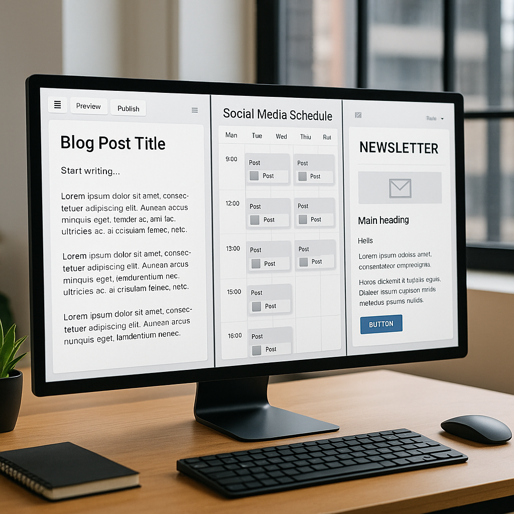 Digital workspace with blog, social media, and email tools open