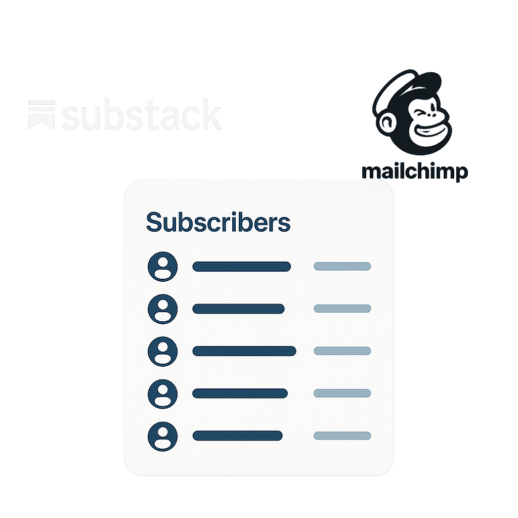 Substack and Mailchimp logos with a digital subscriber list in the center.