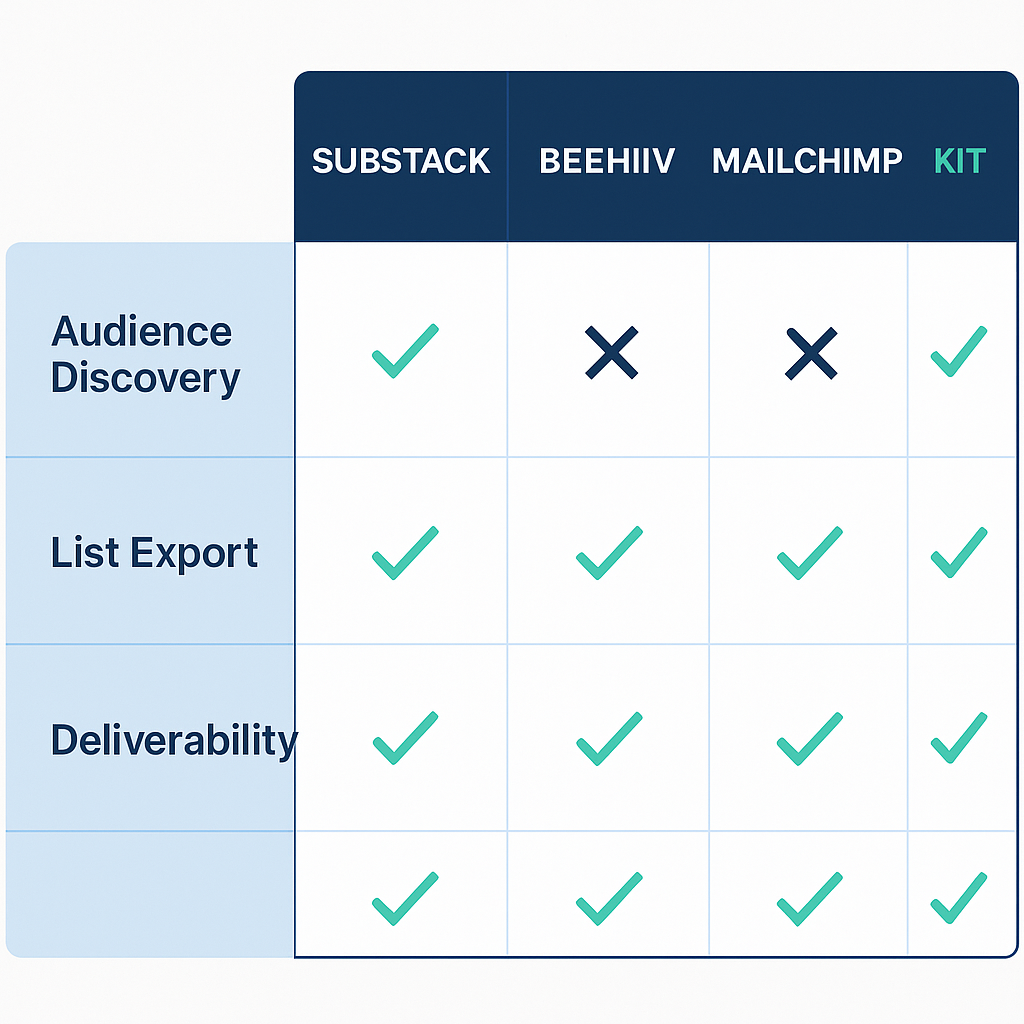 Comparison chart of Substack, Beehiiv, Mailchimp, and Kit features.