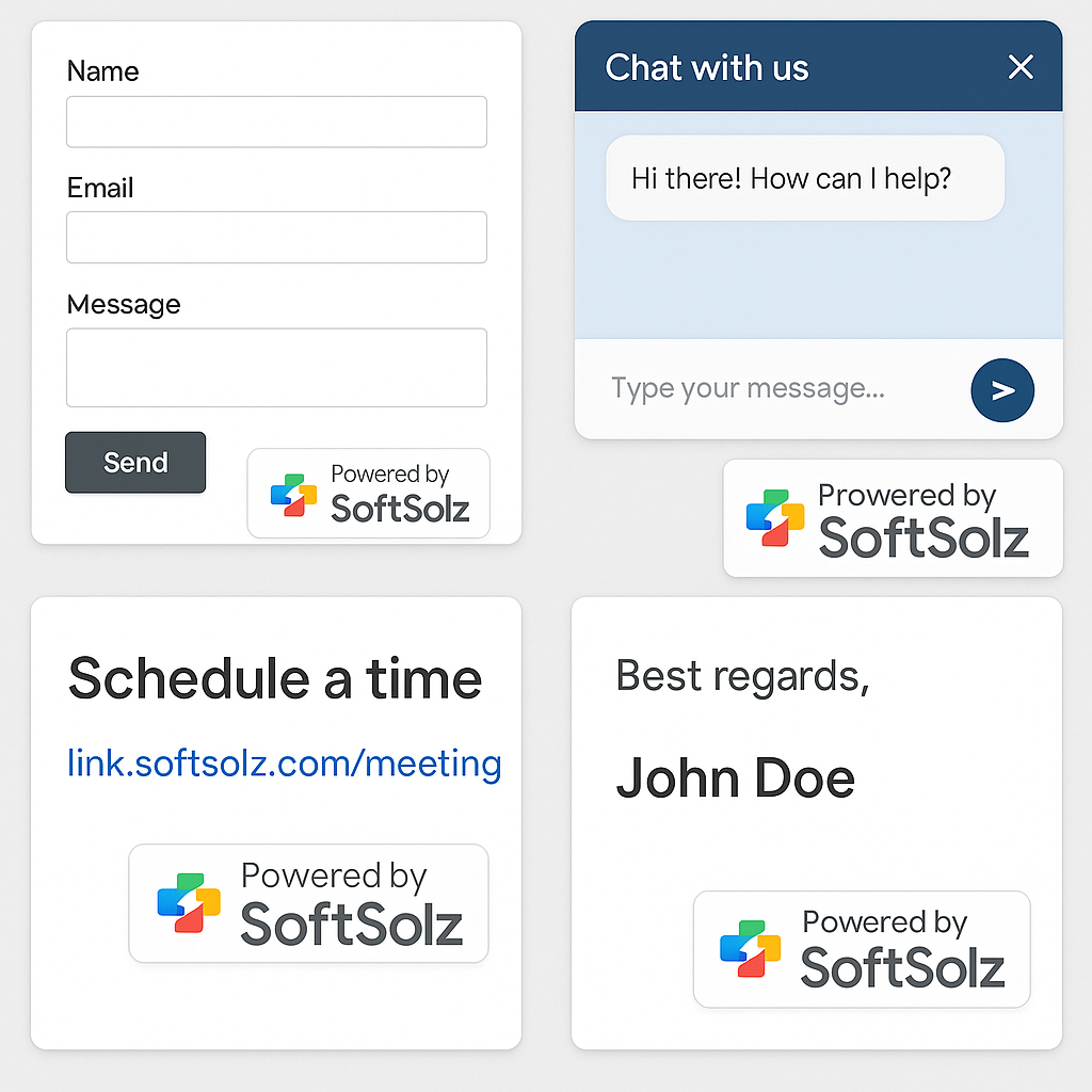 Collage of free tools' 'Powered by' badges and SoftSolz branding.