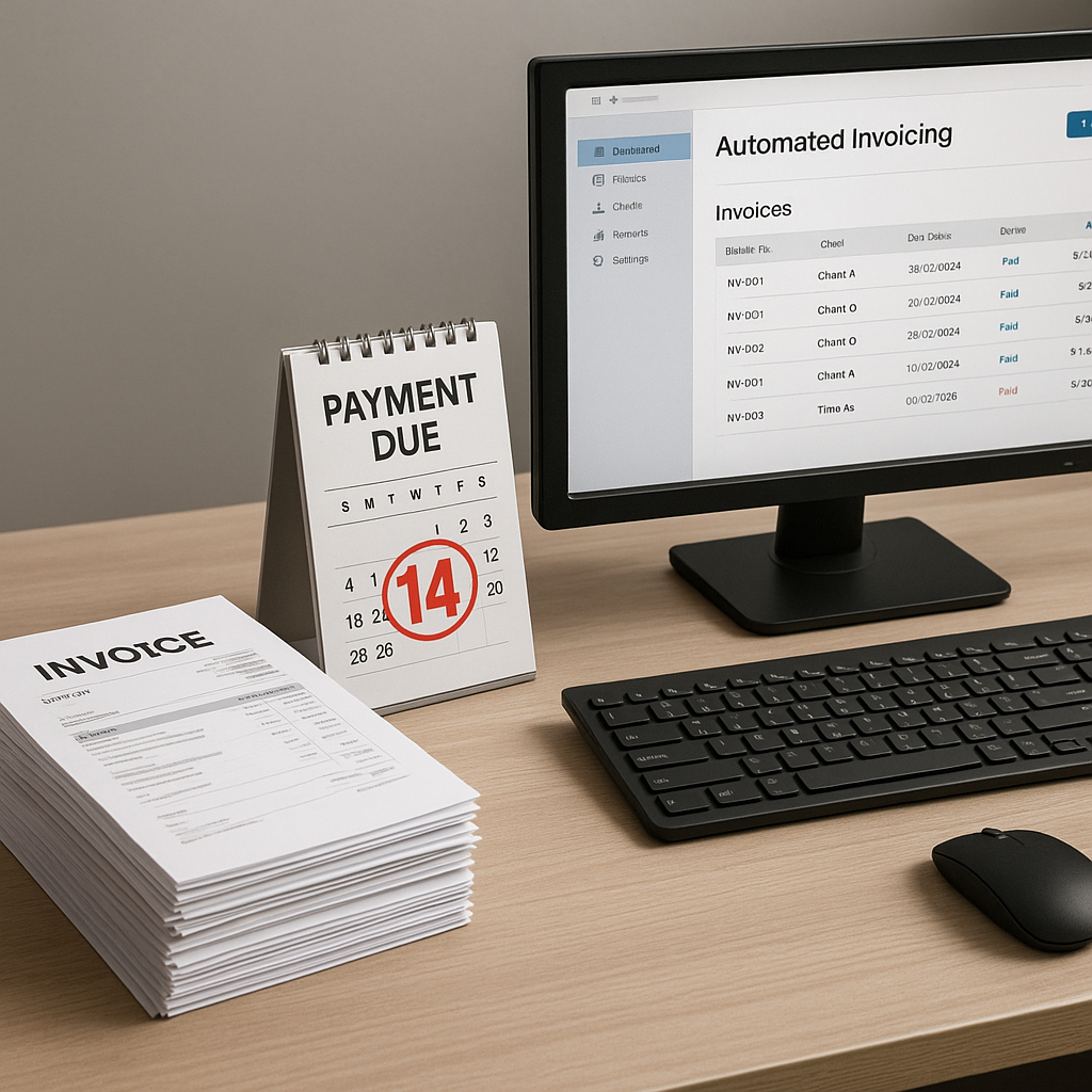 Business desk with invoices and a calendar showing a 14-day delay.