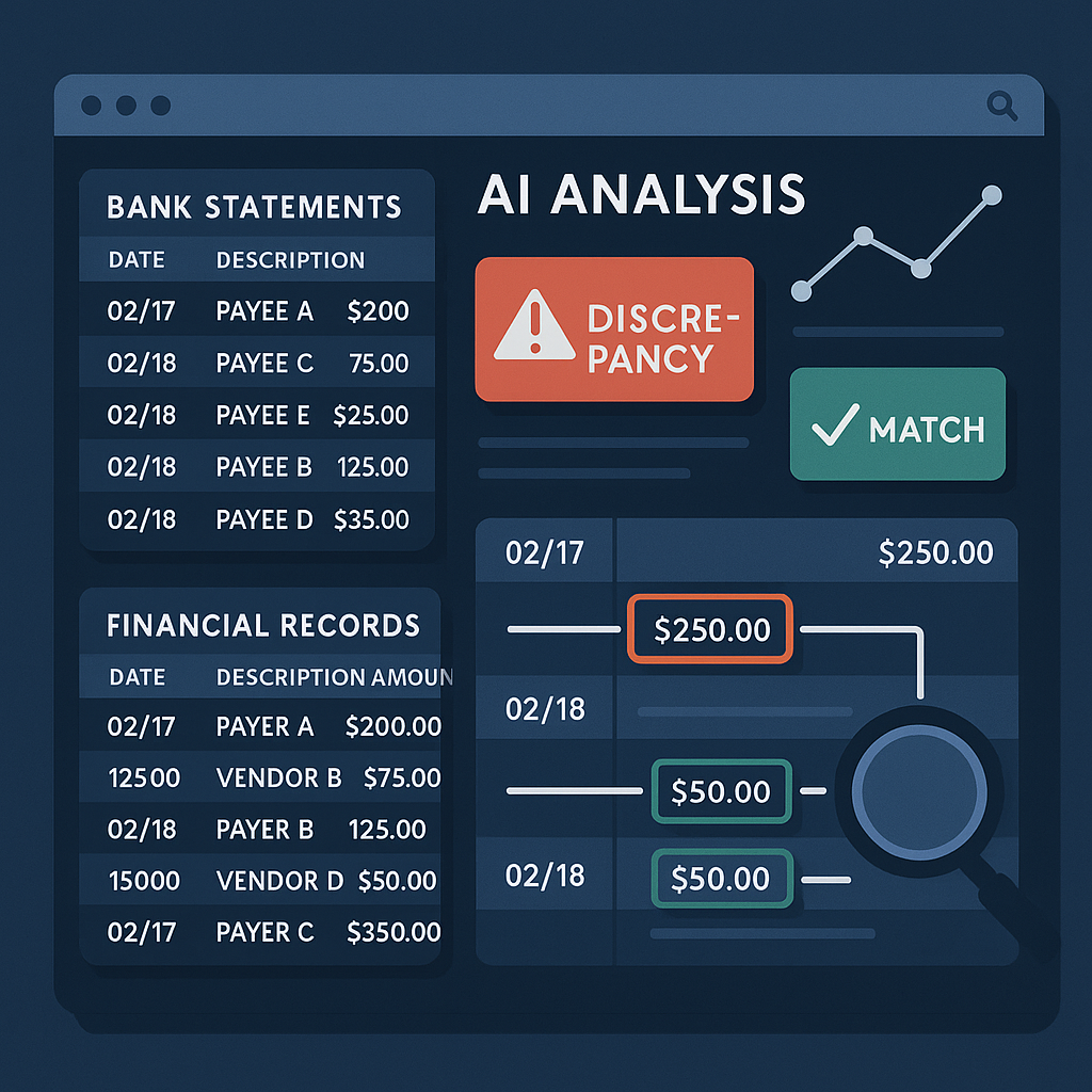 AI software analyzing bank statements for reconciliation