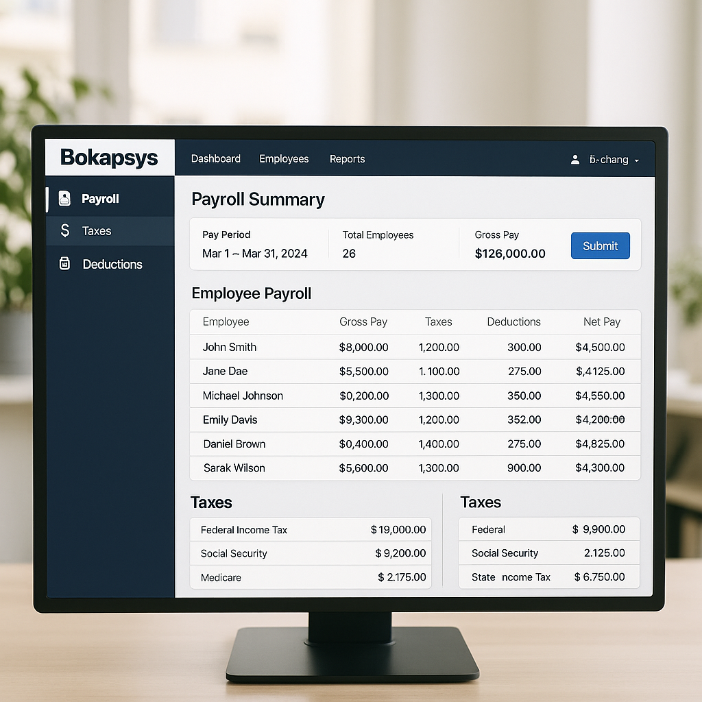 Bokapsys software interface displaying payroll and tax management features.
