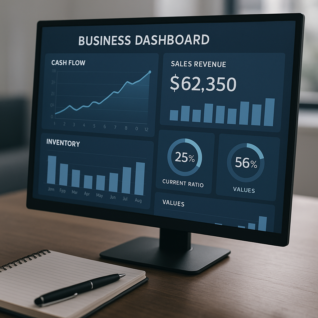 Business dashboard displaying key metrics on a computer screen.