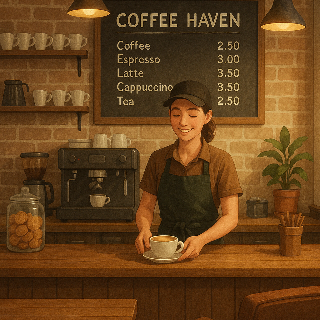 Interior of a fictional café named 'Coffee Haven' with a barista serving coffee.