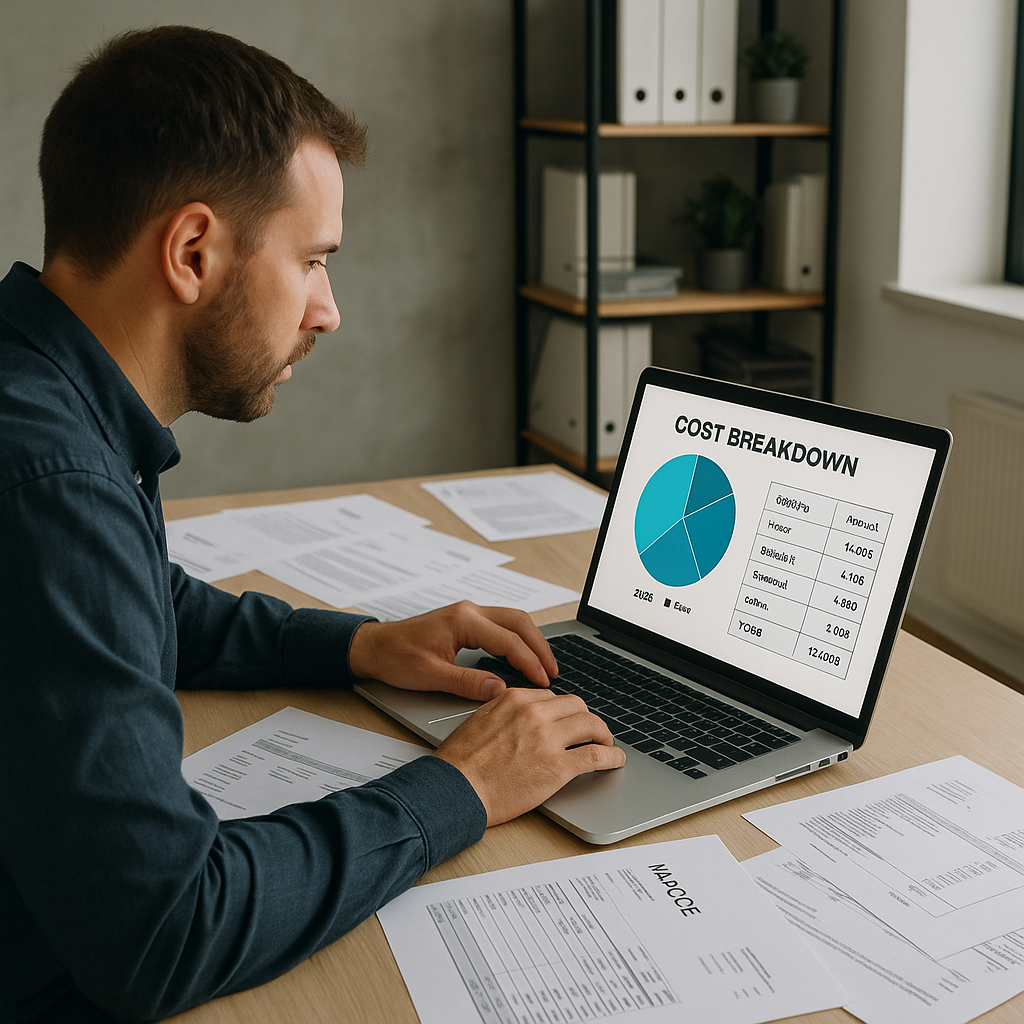 Business owner reviewing cost breakdown on a laptop.