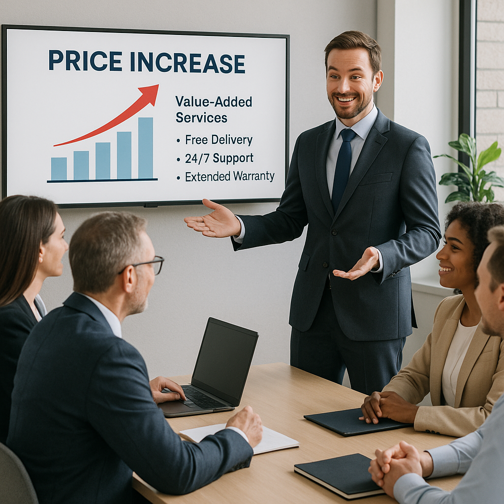 Manager explaining price increase to customers with a presentation.