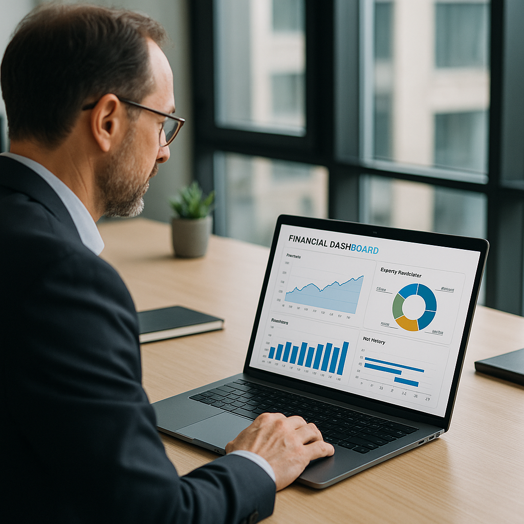 Business owner using a financial dashboard on a laptop.