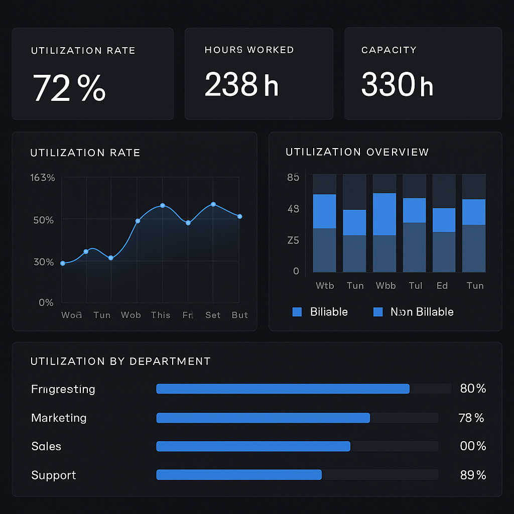 Digital dashboard showing utilization rates and metrics.