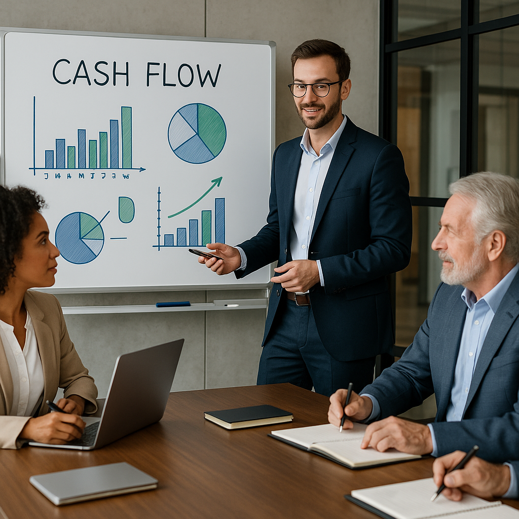 Team discussing cash flow strategies in a conference room.