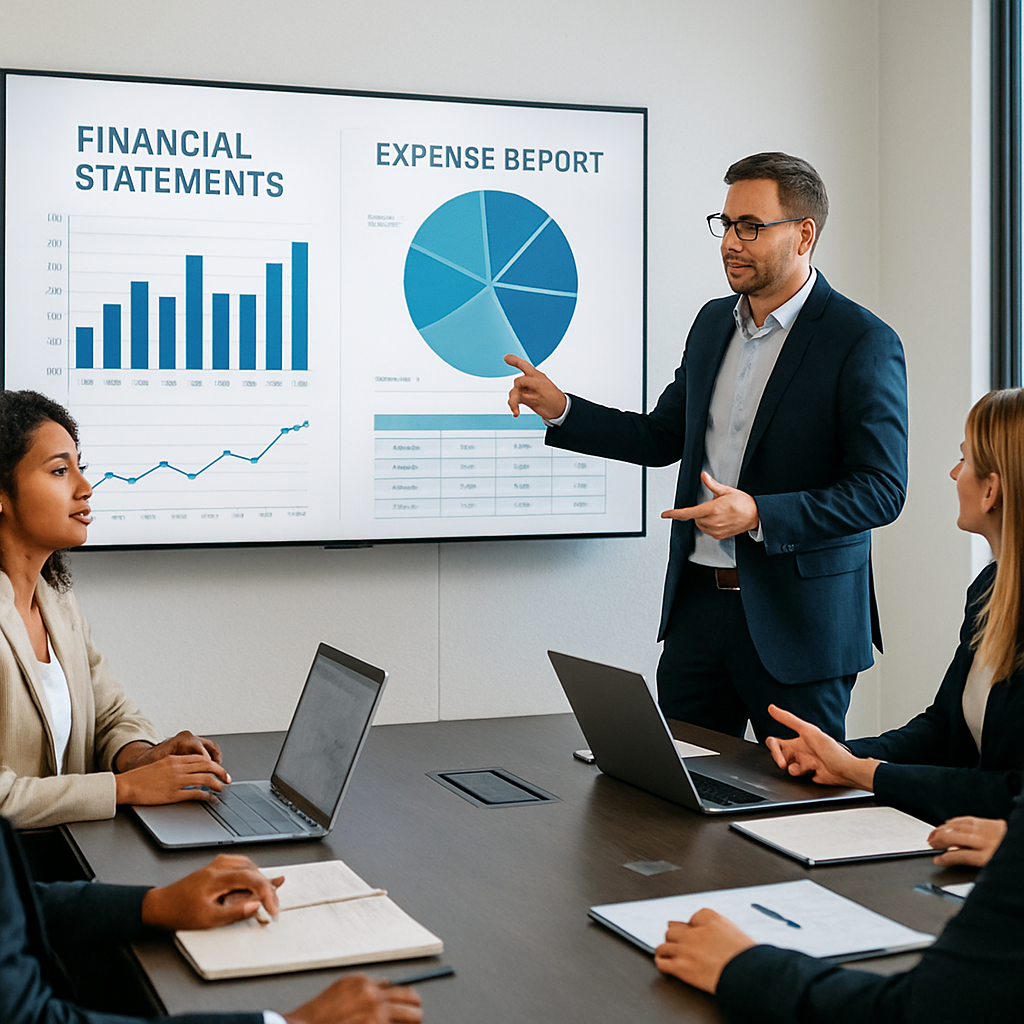 Team discussing financial statements and expense reports in a meeting.