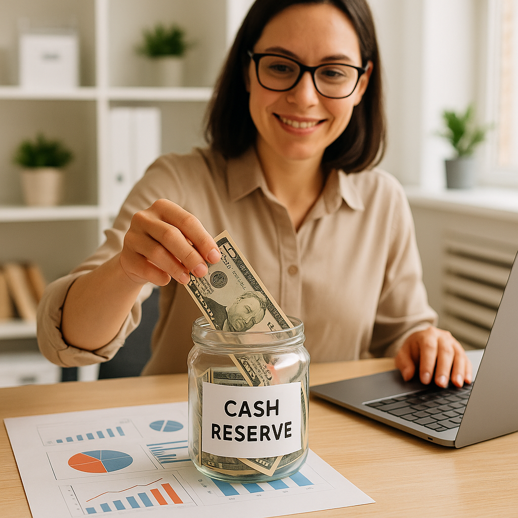 Small business owner saving money in a cash reserve jar.