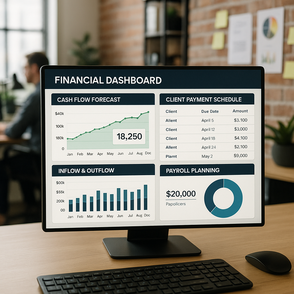 Financial dashboard showing cash flow forecasts in a marketing agency.