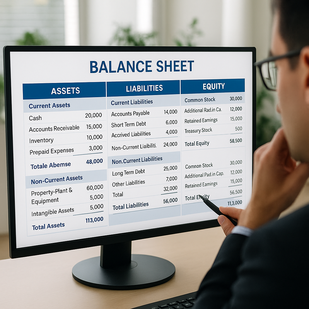 Balance sheet displayed on a computer screen with a person analyzing it.